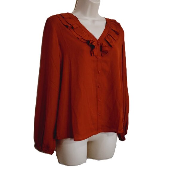 Nanette Lepore Blouse Womens Small Brown Long Sleeve V-Neck Ruffle Collar - Picture 2 of 13